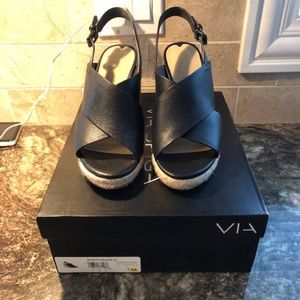 Via Spiga Rosette 4" Wedge Black Leather Espadrille Sandal Dressy Casual Size 7